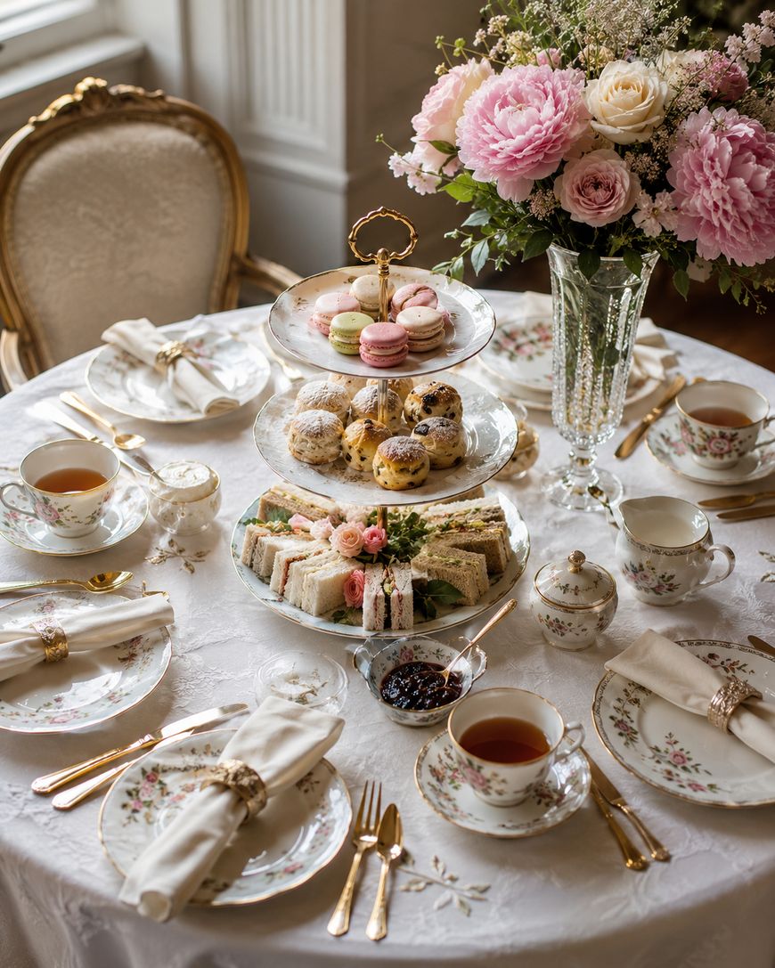 Elegant afternoon tea setup with a tiered tray of assorted sandwiches, scones, and macarons, surrounded by floral china, tea cups, and gold cutlery on a lace tablecloth; pink flower bouquet in a vase.