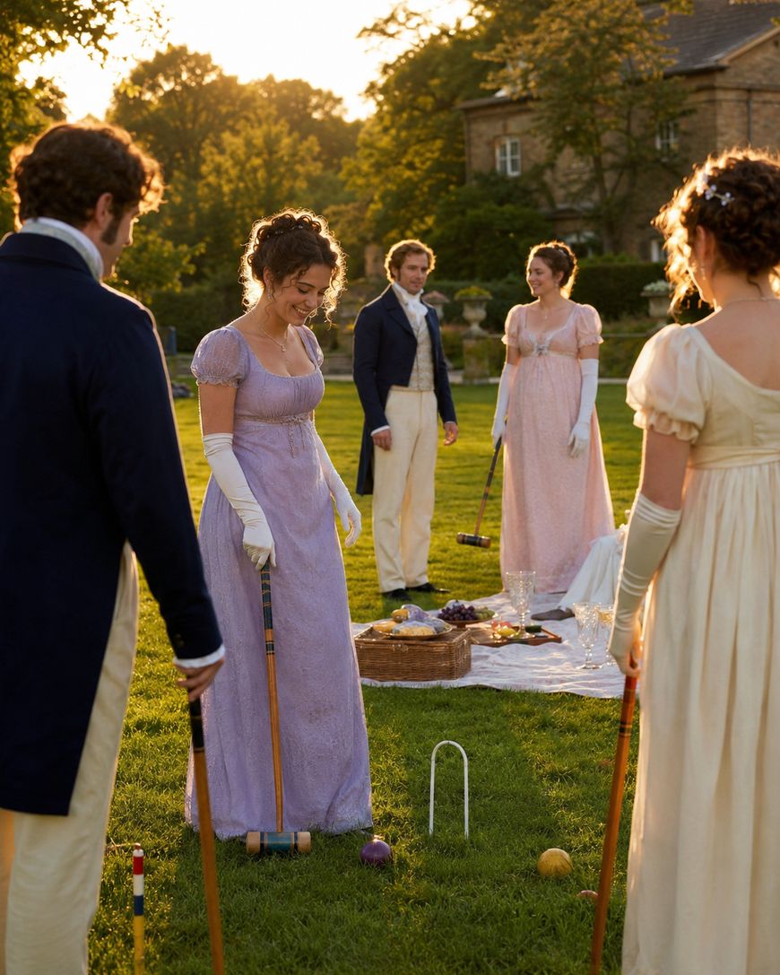 Four people in Regency-era clothing play croquet on a sunny lawn, while a man and woman in similar attire stand by a picnic blanket set with food and drink. A historic stone house and trees are in the background.