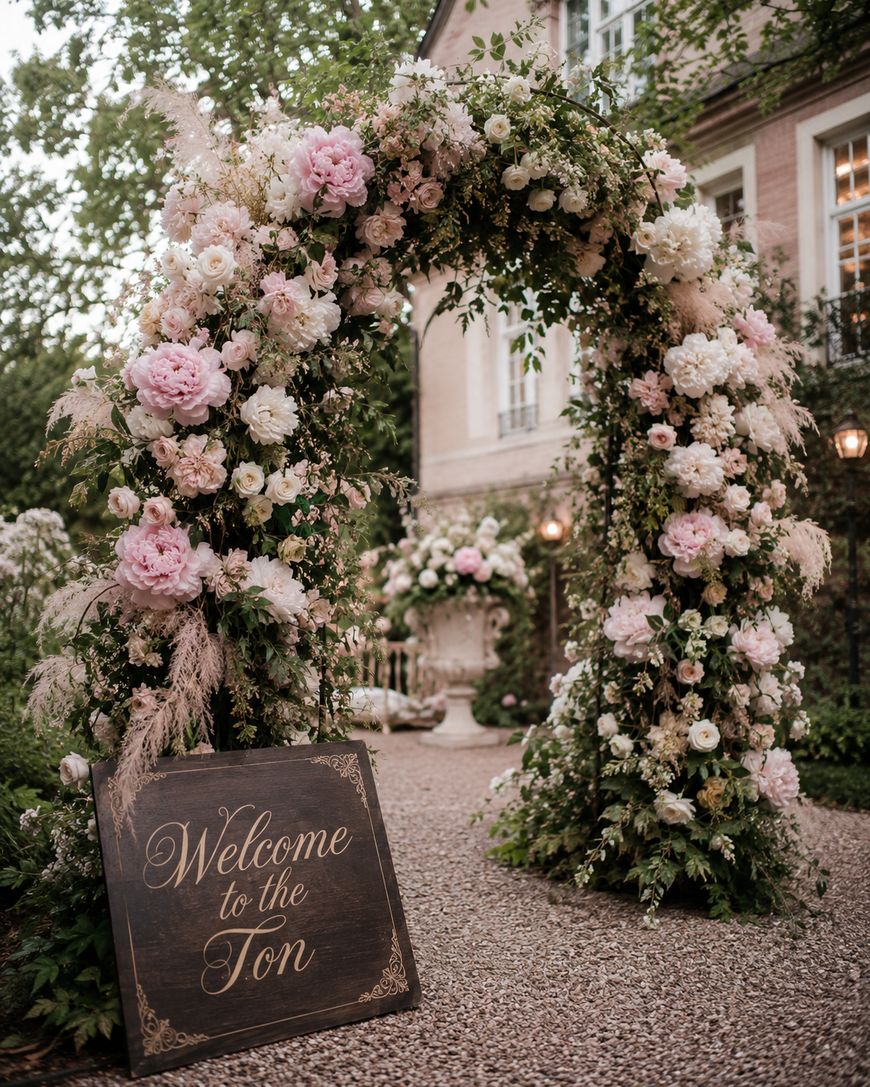 A lush floral archway with pink and white flowers stands at the entrance of a garden path. A decorative sign reads “Welcome to the Ton” in elegant script, with a grand house visible in the background.