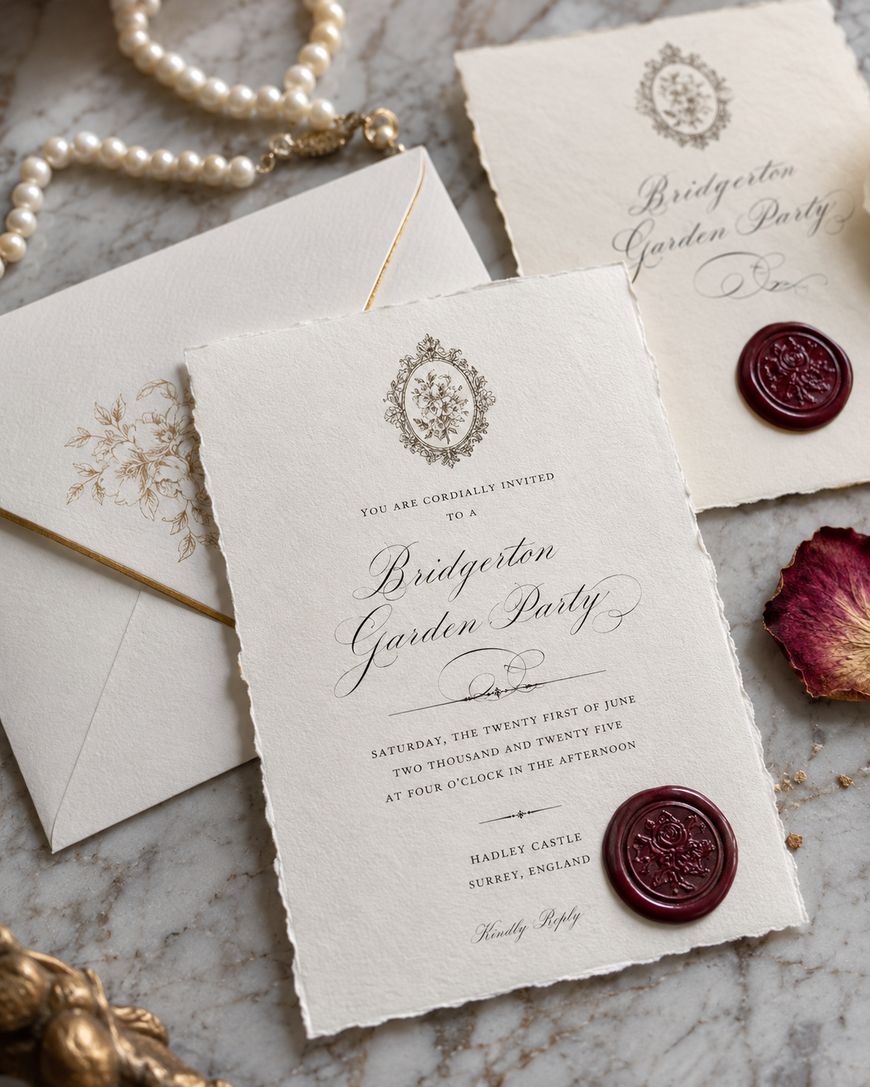 An elegant garden party invitation with calligraphy text, a wax seal, and ornate details lies on a marble surface beside an envelope, a pearl necklace, and a dried rose petal.