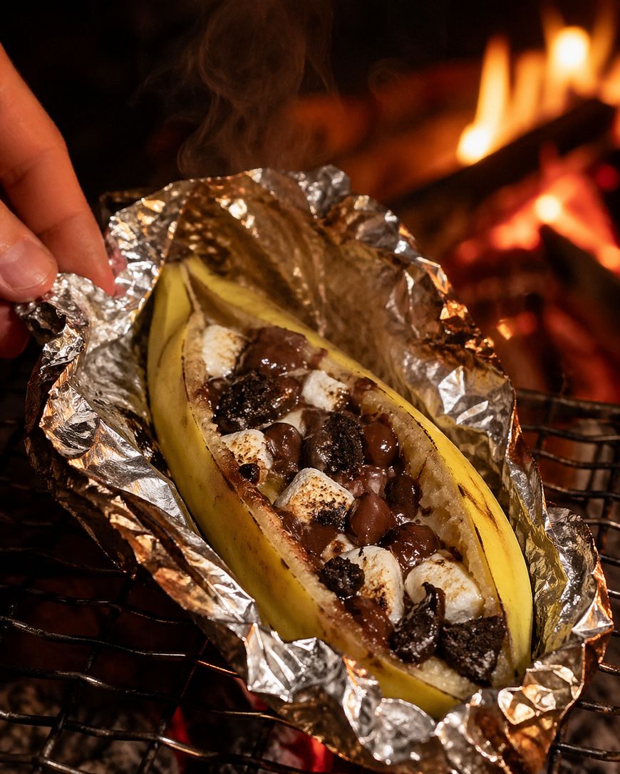 A hand holds a foil-wrapped banana split open and filled with marshmallows, chocolate, and cookie pieces, with a fire burning in the background.
