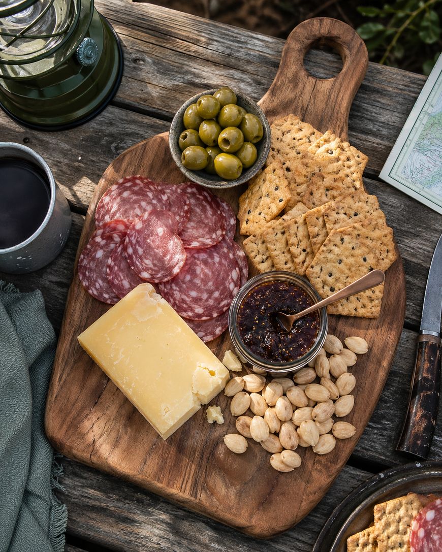 A wooden board with sliced salami, a wedge of cheese, crackers, green olives, marcona almonds, and a jar of dark jam. A cup of coffee and a lantern are nearby on a rustic wooden table.