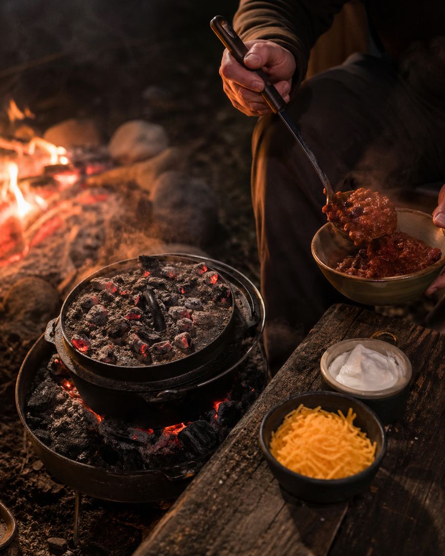 A person serves chili from a cast iron pot over a campfire, with bowls of shredded cheese and sour cream on a wooden surface nearby. Glowing coals and a rustic outdoor setting complete the scene.