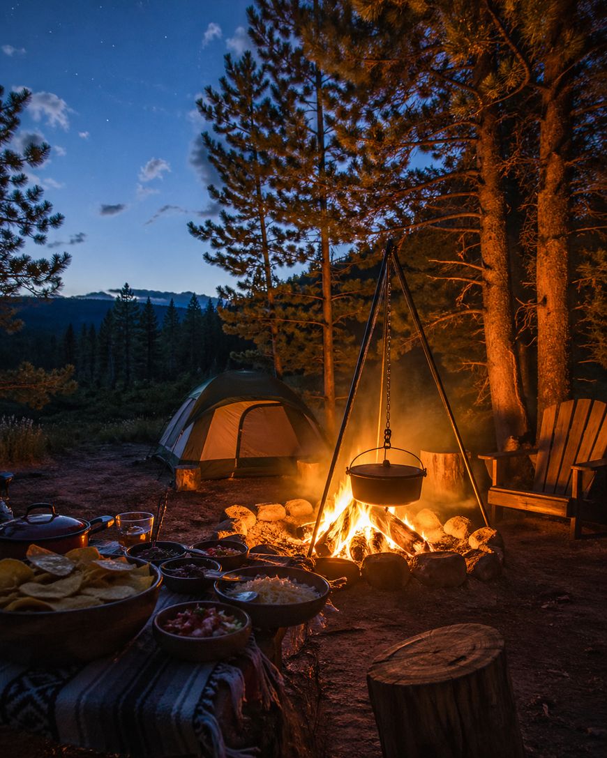 A campfire burns under tall pine trees at dusk, with a cooking pot hanging over the flames. A tent and wooden chairs are nearby, and a picnic table with bowls of food sits in the foreground. Mountains and a blue sky are in the background.