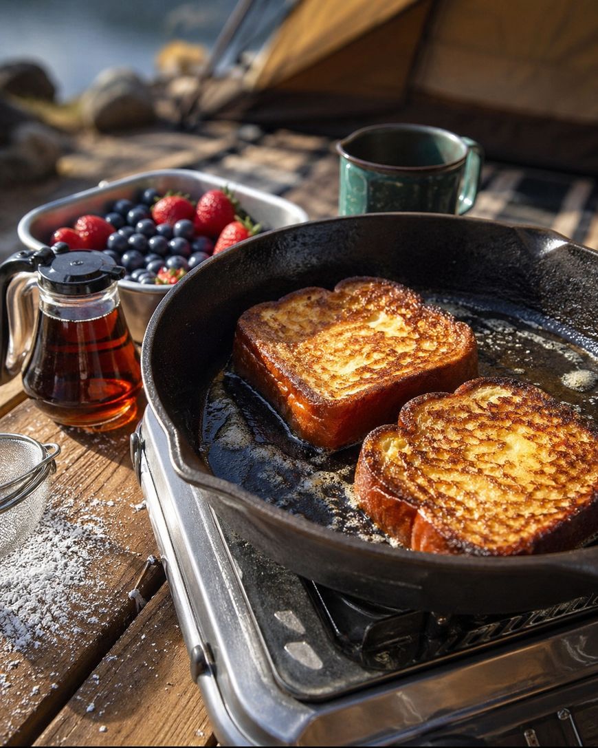 A cast iron skillet with two slices of French toast cooking on a camp stove, beside a bowl of fresh berries, a green mug, a syrup bottle, and sprinkled powdered sugar on a wooden table outdoors.