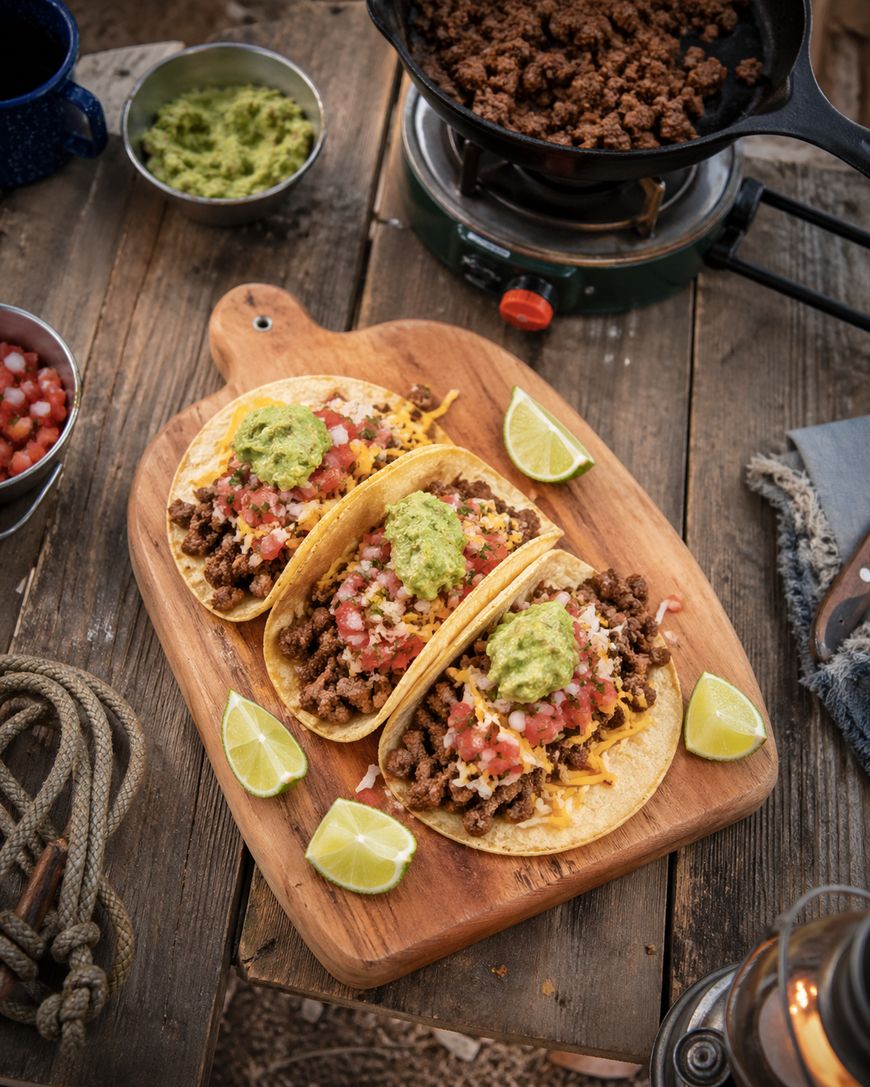 Three tacos filled with ground meat, shredded cheese, salsa, and guacamole sit on a wooden board, garnished with lime wedges. A small skillet with more meat and bowls of guacamole and salsa are nearby on a rustic wooden table.
