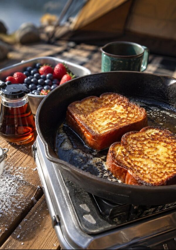 A camper prepares two slices of French toast in a cast-iron skillet on a portable stove, surrounded by berries, syrup, and coffee—perfect camping food ideas enjoyed with a tent and scenic outdoor backdrop.