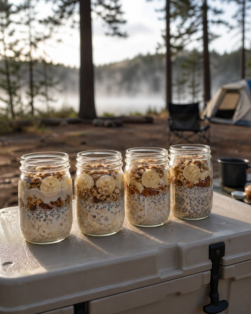 Four mason jars filled with overnight oats, granola, and banana slices sit on a cooler at a campsite with trees, a tent, and misty lake in the background.
