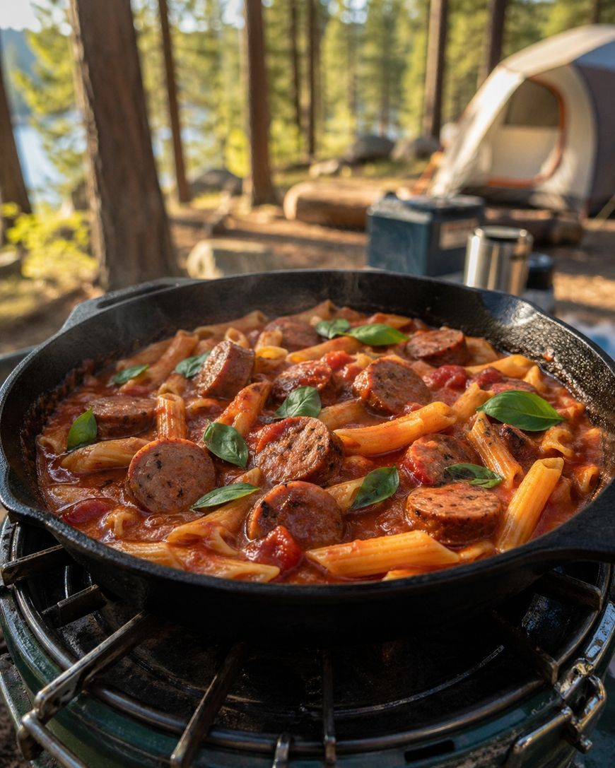 A skillet filled with pasta, tomato sauce, sliced sausage, and basil simmers on a camping stove in a forested campsite, with a tent and trees in the background.