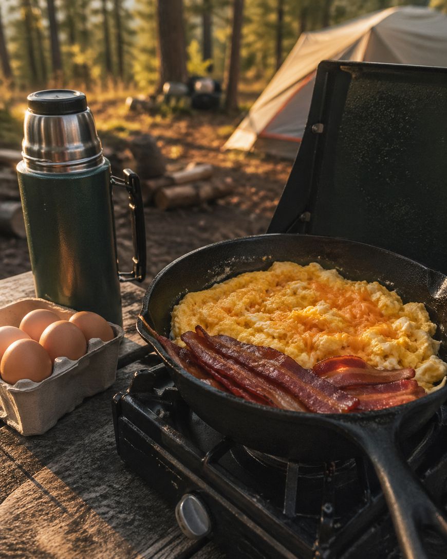 A skillet with scrambled eggs and bacon cooks on a camp stove. A carton of eggs and a green thermos sit nearby on a wooden table. In the background are trees, a tent, and morning sunlight shining through.
