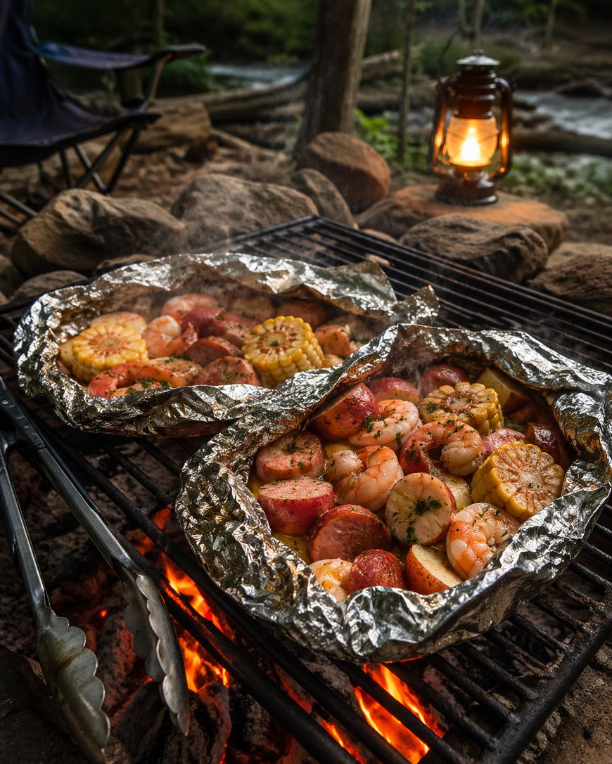 Foil packets filled with shrimp, corn, sausage, and potatoes cook on a grill over a campfire. A lantern glows nearby, and a river and forest are visible in the background.