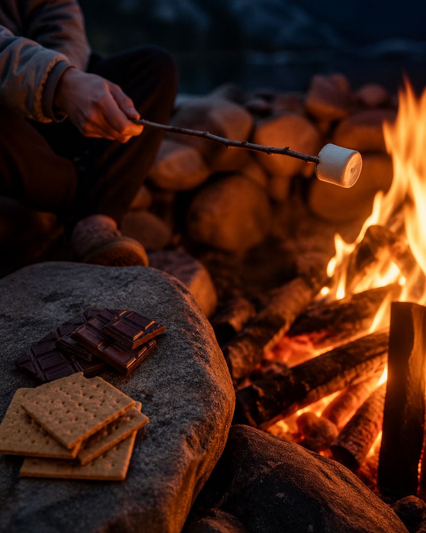A person roasts a marshmallow on a stick over a campfire, with chocolate squares and graham crackers placed on a rock nearby, ready to make smores. Rocks surround the fire.