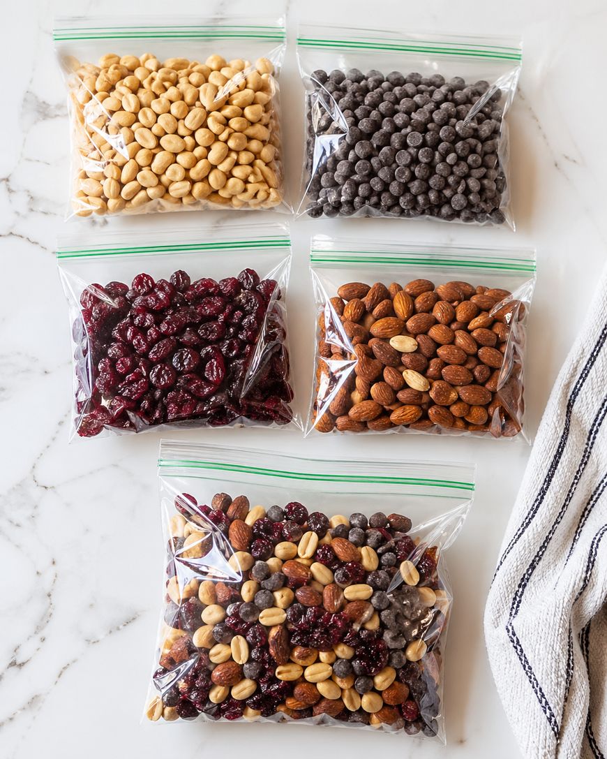Five clear resealable bags containing peanuts, chocolate chips, dried cranberries, almonds, and a mixed trail mix, arranged on a white marble surface next to a striped cloth.