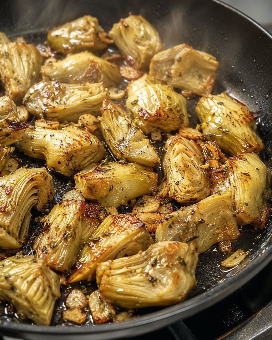 Golden-brown artichoke hearts, seasoned with herbs and garlic, are sizzling in a black skillet. Steam rises from the hot pan, highlighting the crispy, caramelized edges of the artichokes.