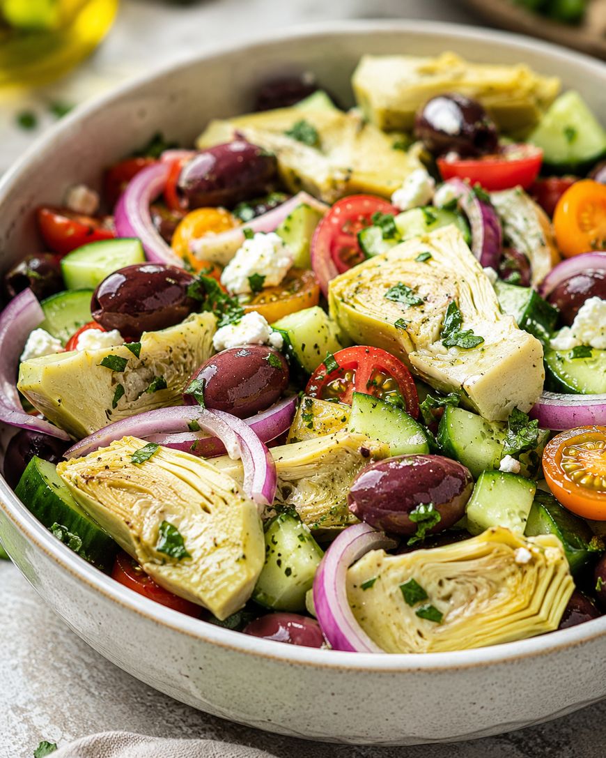 A bowl of Greek salad with artichoke hearts, Kalamata olives, cherry tomatoes, cucumber, red onion, and feta cheese, garnished with herbs.