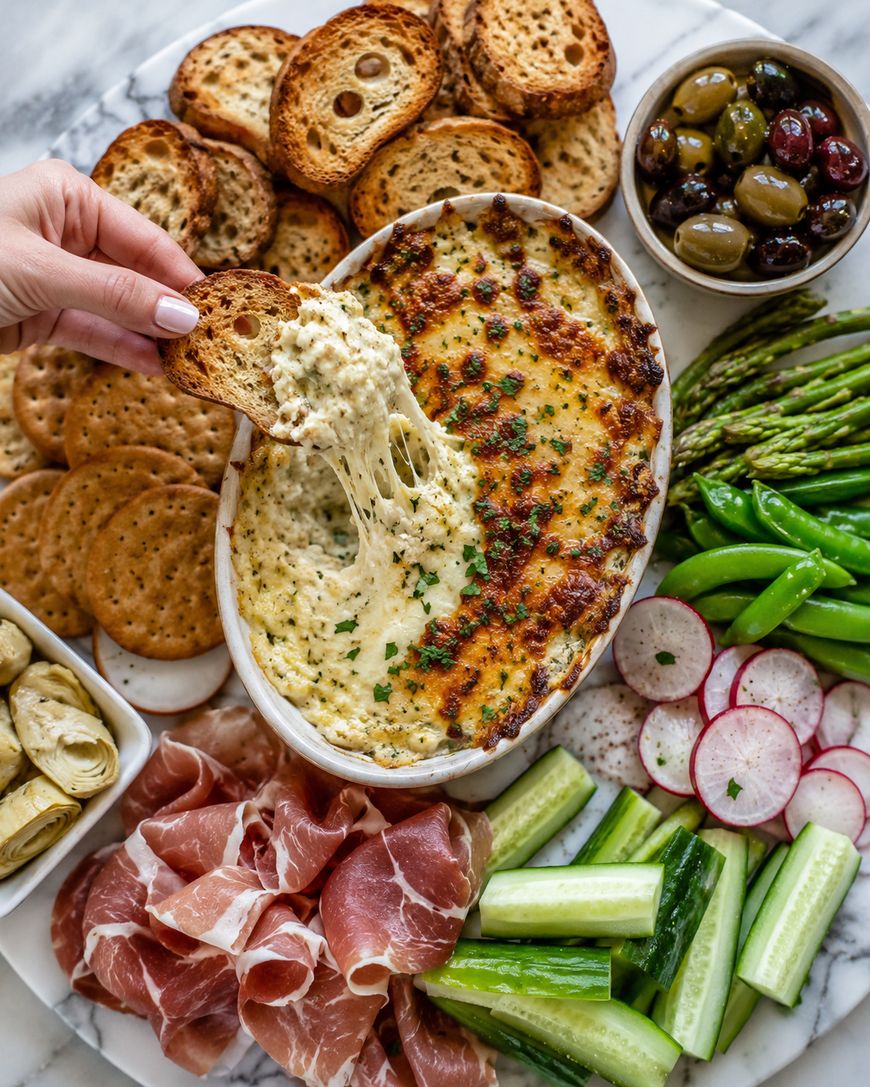A hand dips toasted bread into a cheesy baked dip, surrounded by crackers, prosciutto, cucumber slices, radishes, snap peas, asparagus, artichoke hearts, and a bowl of mixed olives on a platter.