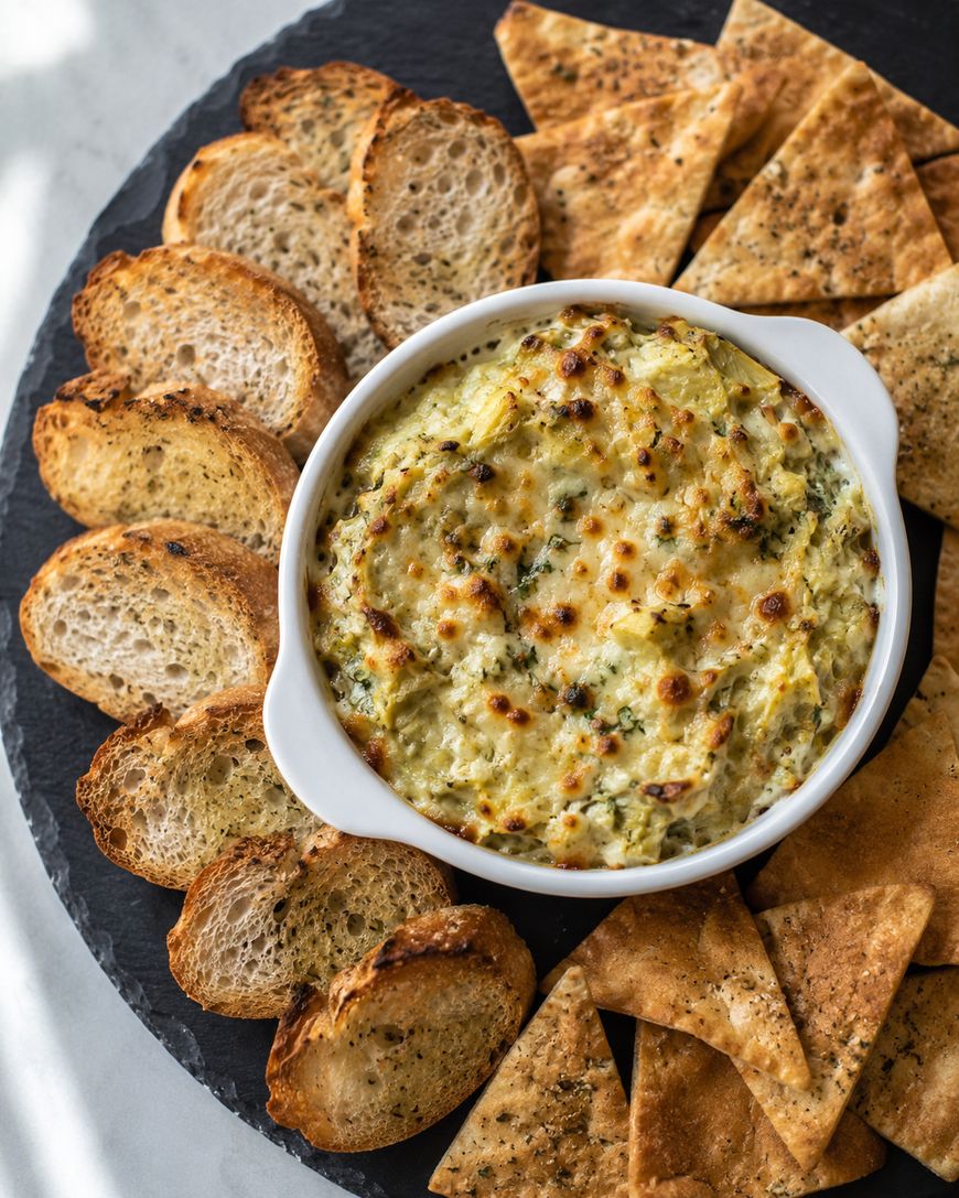 A white dish of baked spinach and artichoke dip is surrounded by toasted baguette slices and crispy pita chips, all arranged on a round, dark slate serving platter.
