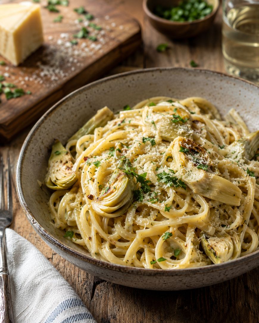 A bowl of creamy pasta with artichoke hearts, topped with grated cheese and chopped parsley, sits on a wooden table next to a fork, a napkin, a glass of white wine, and a cutting board with cheese and herbs.