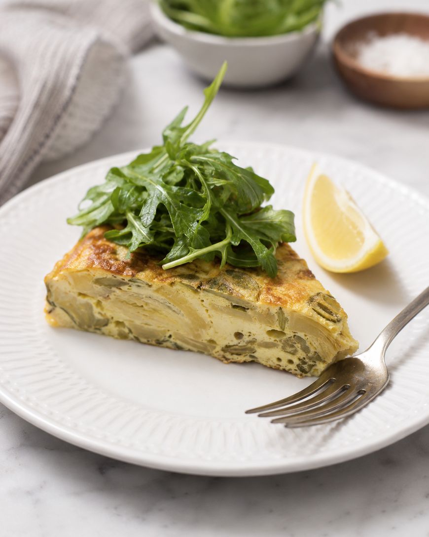 A slice of Spanish tortilla topped with fresh arugula, served on a white plate with a lemon wedge and a fork; a bowl of greens and a dish of salt are in the background.