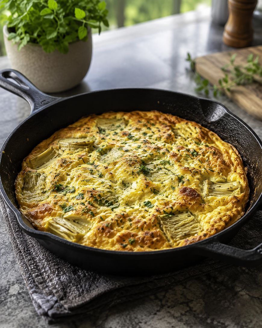 A golden-brown frittata with herbs and artichokes is freshly baked in a black cast iron skillet on a gray kitchen countertop, with fresh herbs and a wooden board in the background.