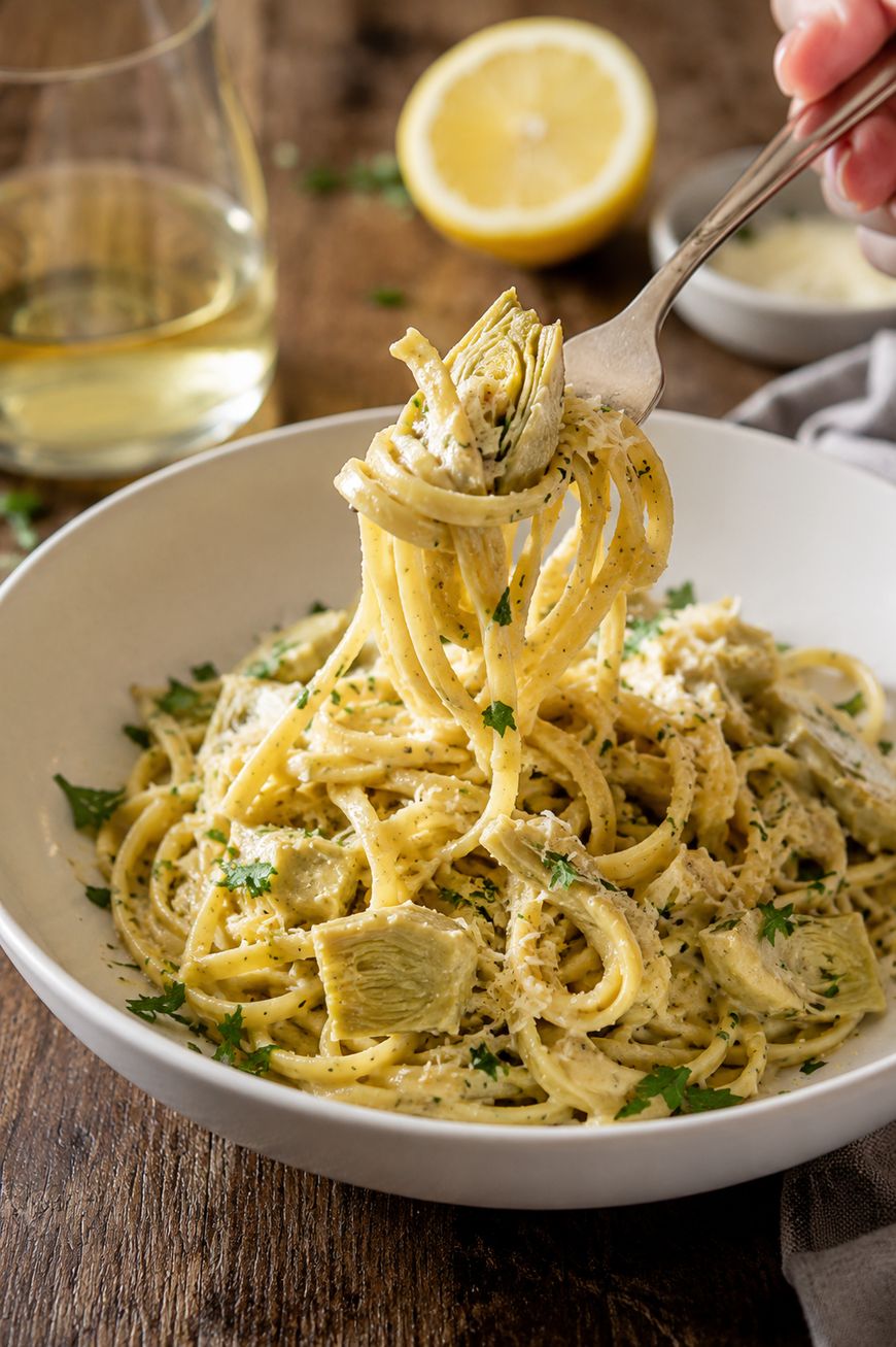A bowl of creamy pasta with artichoke hearts, garnished with chopped parsley, sits on a wooden table. A fork is lifting a portion of pasta. A glass of white wine and a lemon half are in the background.