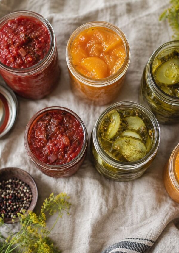 Jars of homemade preserves—red salsa, sliced peaches, and pickled cucumbers—are arranged on a beige cloth. Perfect for those exploring beginner preserves or seeking new canning recipes, with dill sprigs and a bowl of peppercorns nearby.