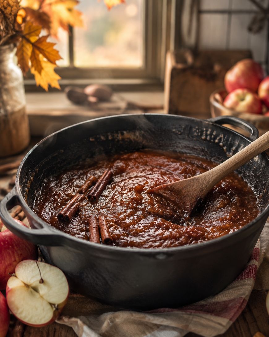 A black pot filled with homemade apple butter, garnished with cinnamon sticks, sits on a rustic table near sliced apples. A wooden spoon rests in the pot, and autumn leaves are visible by a window in the background.