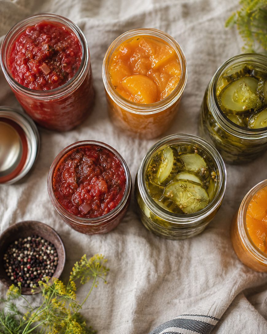 Six glass jars containing assorted homemade preserves—red salsa, sliced peaches, and pickled cucumbers—are arranged on a light cloth with herbs, a striped towel, and a bowl of peppercorns nearby.