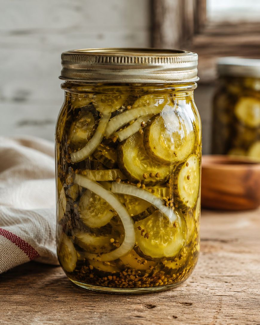 A glass jar filled with pickled cucumber slices and onion rings in brine, placed on a wooden surface with another jar and a towel in the background.