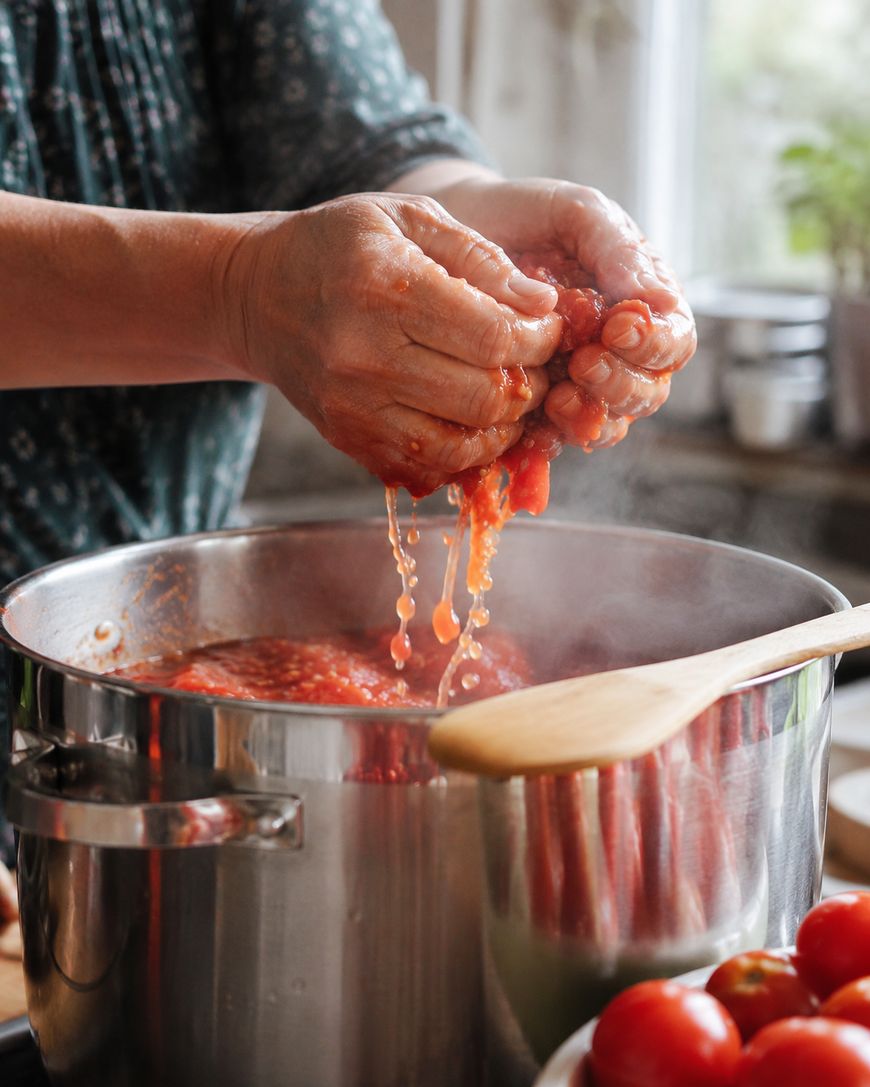 A person squeezes fresh tomatoes with both hands over a steaming pot, making tomato sauce. A wooden spoon rests on the pot’s rim, and whole tomatoes are visible nearby on the counter.