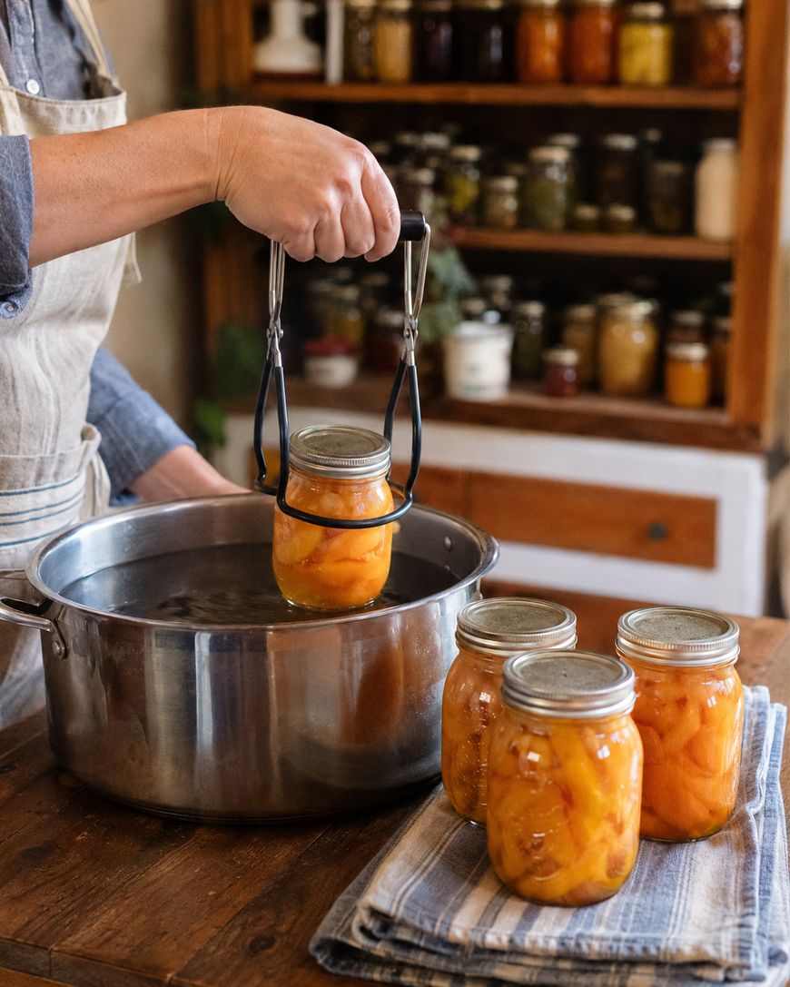 A person uses tongs to lift a jar of canned peaches from a pot of hot water, with more filled jars on a towel nearby and shelves of preserved foods in the background.
