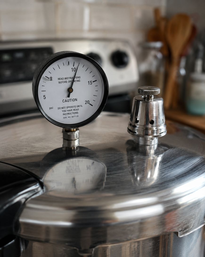 A close-up of a metal pressure cooker on a stovetop, showing its pressure gauge and vent. The background includes a stove, utensils, and kitchen items softly out of focus.