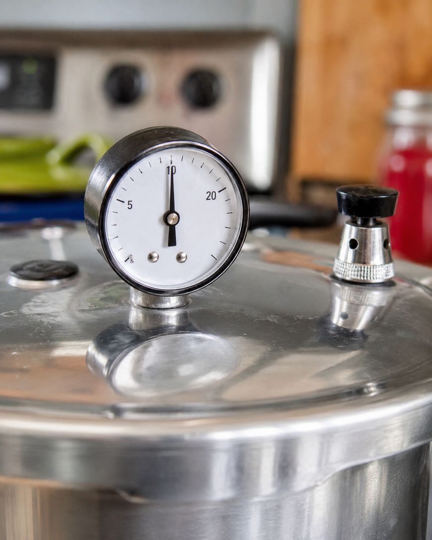 A close-up of a pressure gauge on top of a stainless steel pressure cooker, with a stove and kitchen items visible in the blurred background.