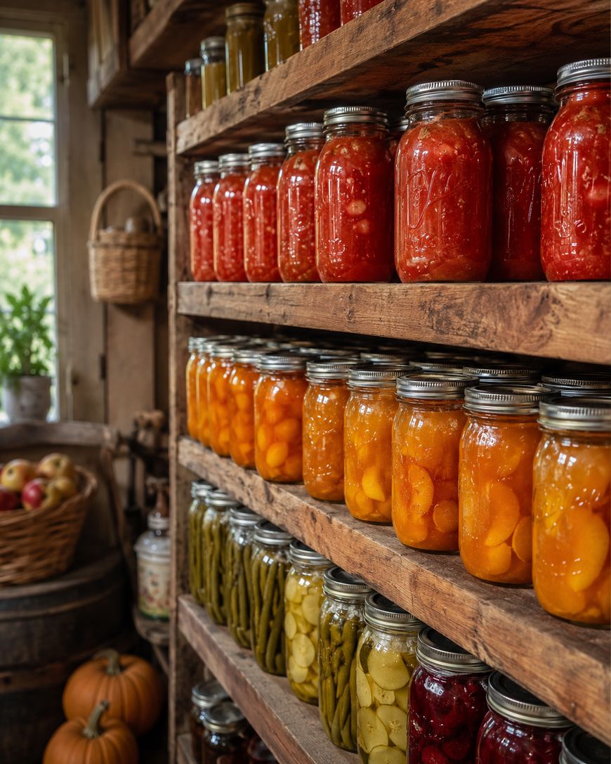 Glass jars filled with preserved fruits and vegetables are neatly arranged on rustic wooden shelves in a cozy pantry. Sunlight streams in from a window, and pumpkins are visible on the floor nearby.