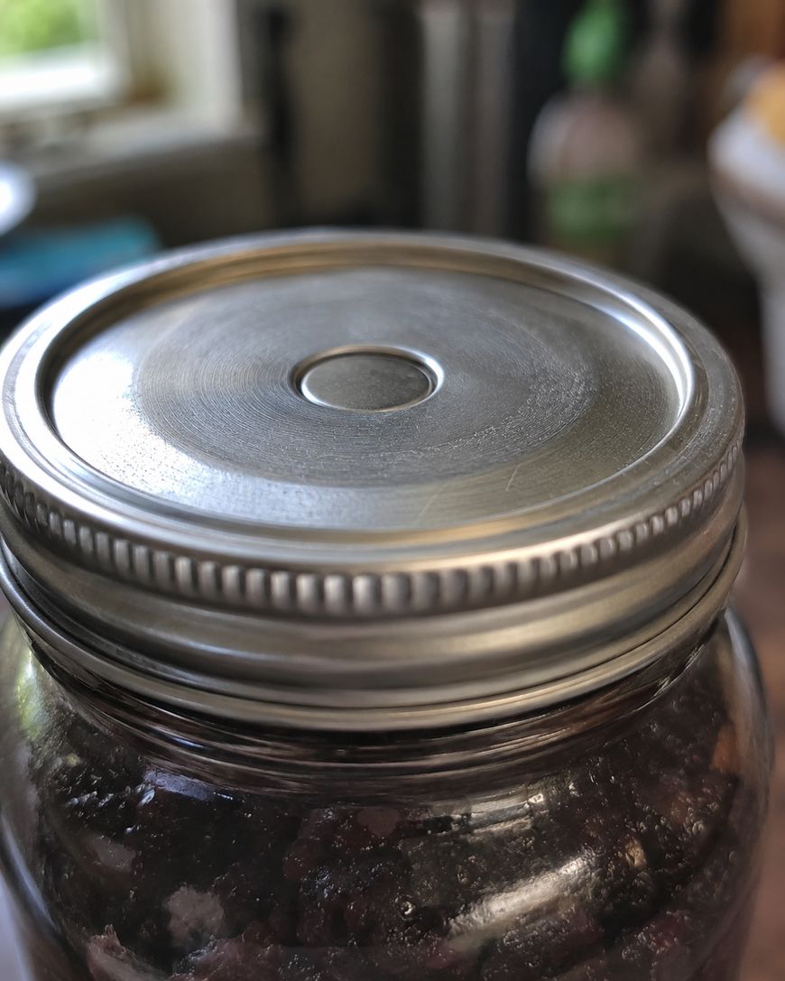 Close-up of a mason jar with a metal lid, showing its sealed top and part of the dark contents inside. Background is out of focus, with hints of a kitchen setting.