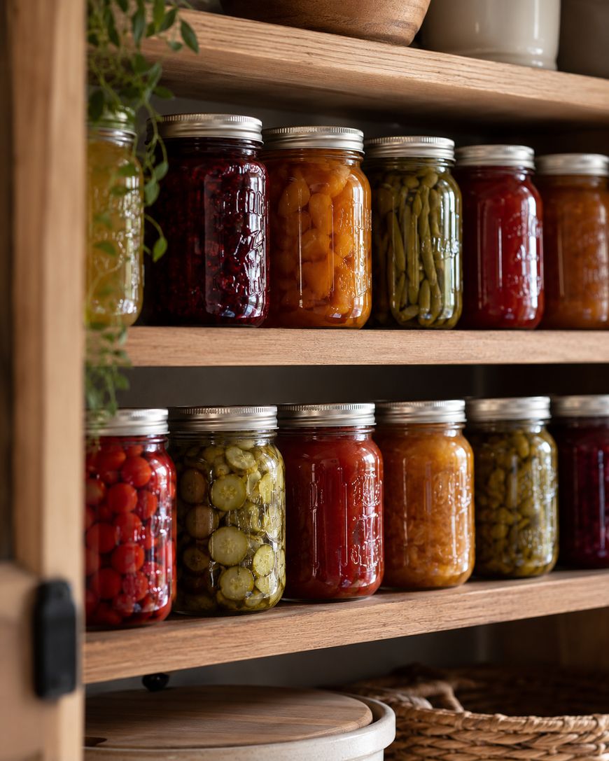 Glass jars filled with colorful preserved fruits and vegetables are neatly arranged on wooden shelves in a pantry. The jars are sealed with metal lids and organized by color and type.