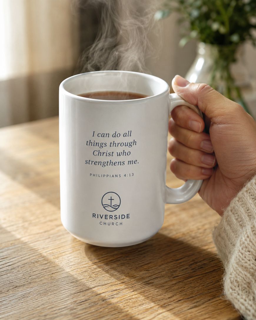 A hand holding a white mug of hot coffee with the text “I can do all things through Christ who strengthens me. Philippians 4:13” and the Riverside Church logo on it, on a wooden table with a blurred plant in the background.