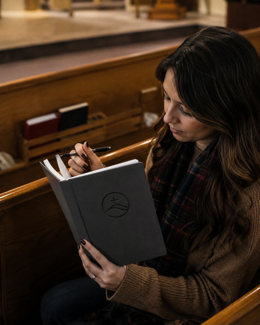 A woman sits in a church pew, writing in a black notebook embossed with a cross and mountain symbol. She holds a pen and wears a brown sweater and plaid scarf, with hymnals visible behind her.