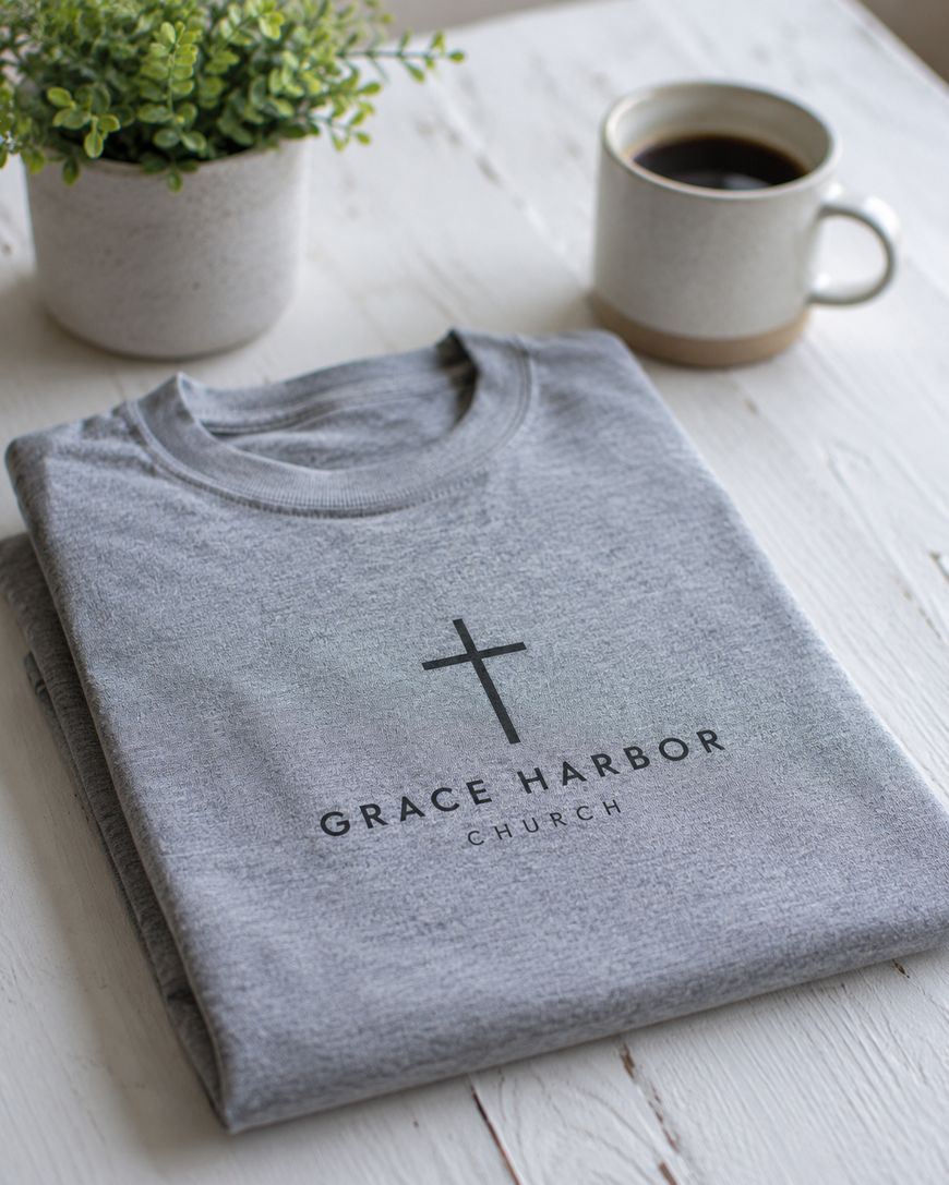 A folded gray shirt with a cross and the words Grace Harbor Church printed on it sits on a white wooden table next to a potted plant and a cup of coffee.