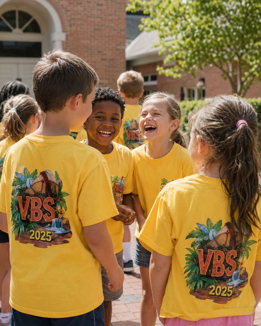 A group of young children wearing matching yellow “VBS 2025” shirts stand outside in a circle, smiling and laughing together on a sunny day.
