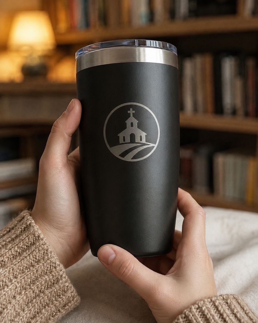 A person in a brown sweater holds a black tumbler with a silver logo featuring a church and a winding path. Bookshelves and a lit lamp are blurred in the background, creating a cozy indoor setting.