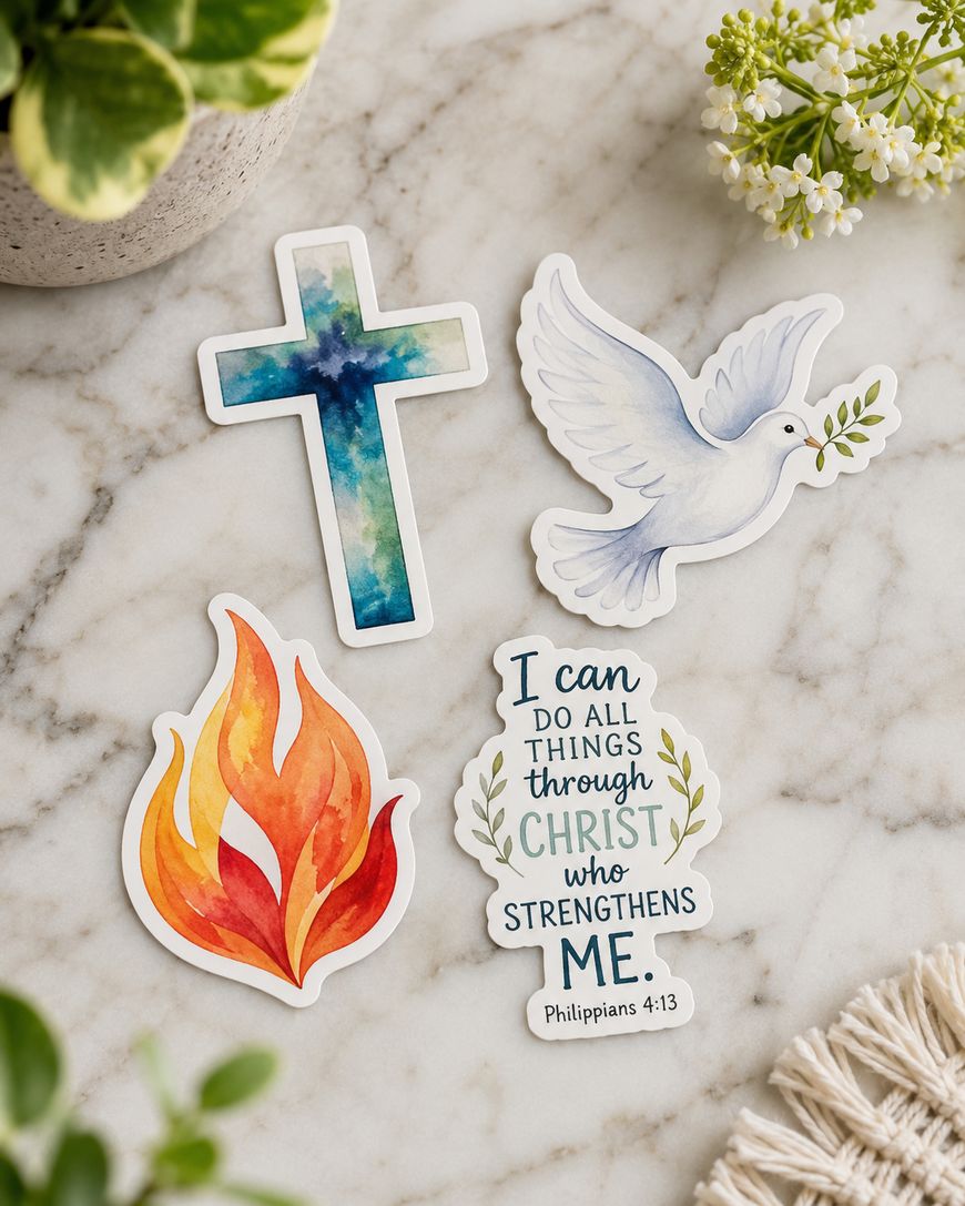 Four stickers on a marble surface: a blue watercolor cross, a white dove with an olive branch, orange flames, and a quote sticker reading, “I can do all things through Christ who strengthens me.”.