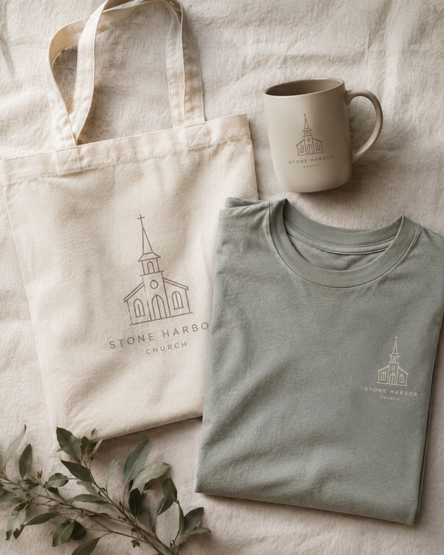 A cream tote bag, a light grey-green t-shirt, and a beige mug, all featuring a simple church illustration and Stone Harbor Church text, are arranged on a beige fabric with sprigs of greenery.