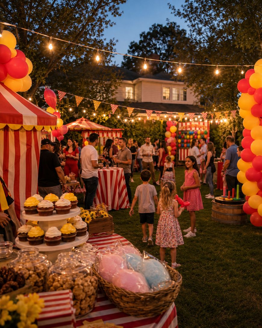 A festive outdoor carnival scene at dusk with people socializing among red and white striped tents, colorful balloons, string lights, and tables with cupcakes, popcorn, and cotton candy. Children and adults enjoy the lively atmosphere.