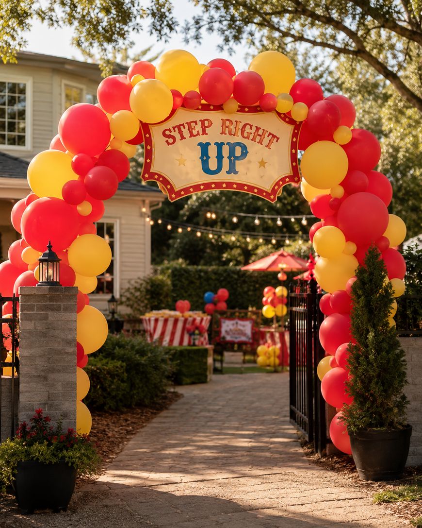 A festive outdoor entrance with a red and yellow balloon arch and a sign reading STEP RIGHT UP, leading to a backyard decorated for a carnival-themed party. String lights and tables with striped cloths are visible inside.