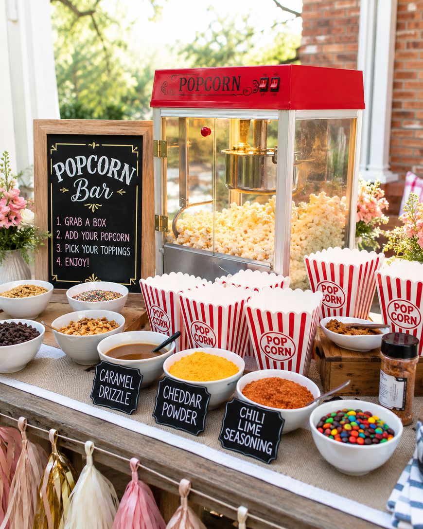 A popcorn bar setup with a popcorn machine, striped popcorn containers, various toppings like caramel drizzle, cheddar powder, chili lime seasoning, candy, and a chalkboard with popcorn bar instructions.