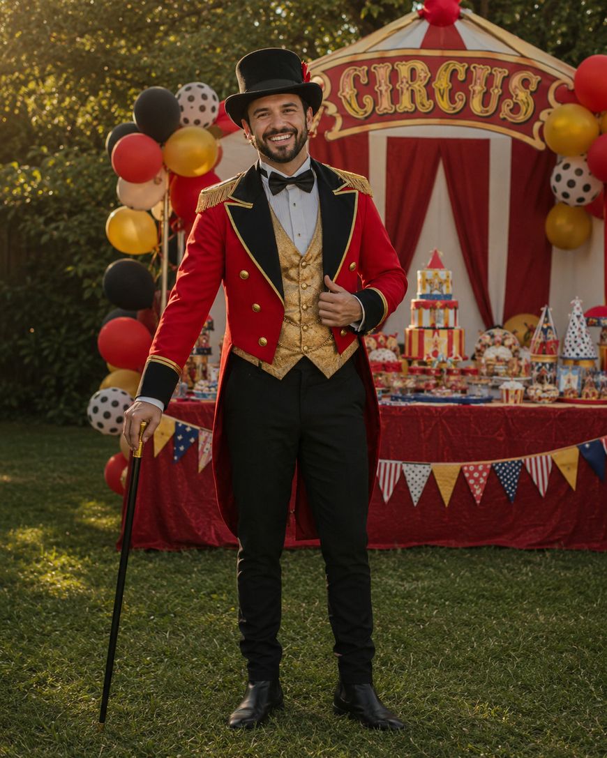 A smiling man dressed as a circus ringmaster stands outside in front of a colorful circus-themed party setup with balloons, treats, and a CIRCUS sign. He wears a red coat, gold vest, top hat, and holds a cane.