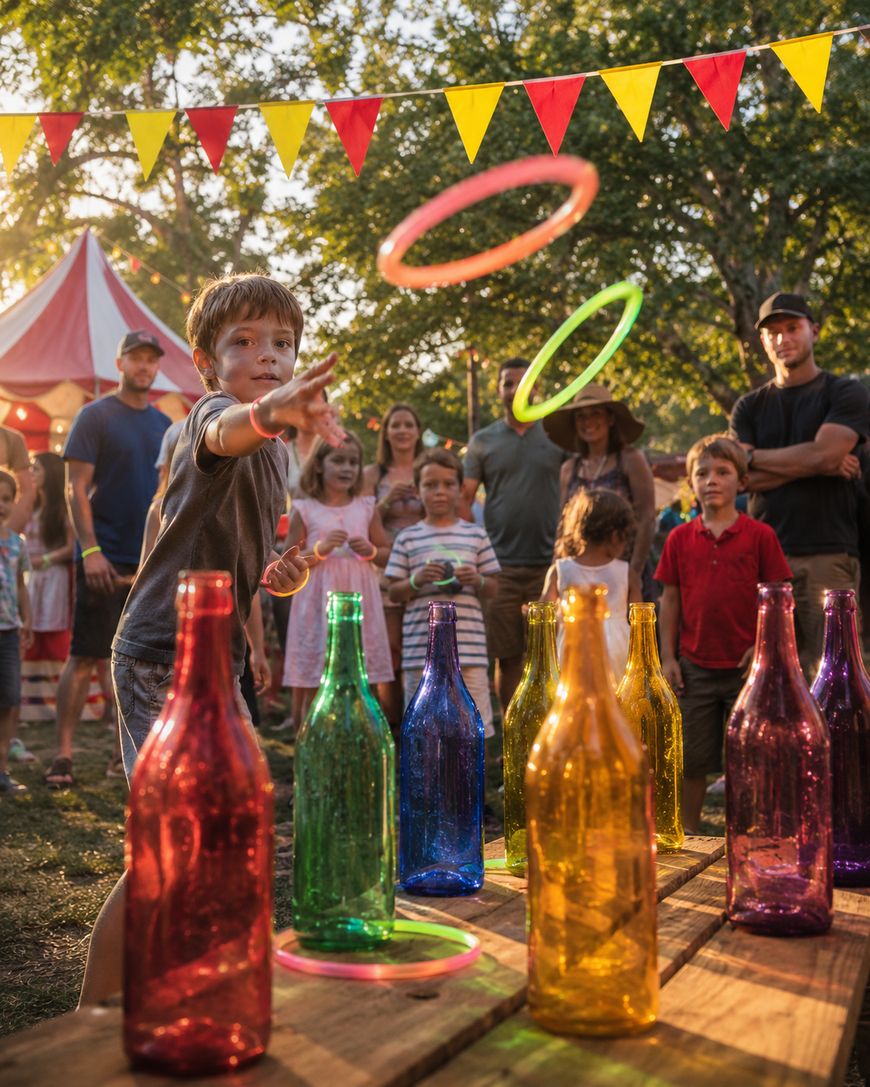 A young boy throws a ring at colorful glass bottles in a ring toss game at an outdoor fair, surrounded by children and adults, with festive pennant banners and a circus tent in the background.