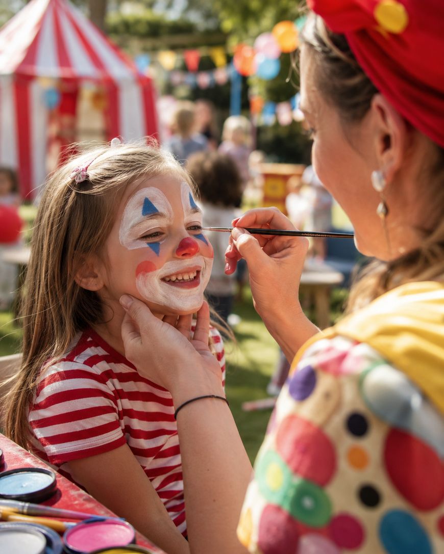 A woman in colorful clothes paints a young girls face like a clown at an outdoor fair, with a red-and-white tent and people in the background. The girl is smiling and wearing a red striped shirt.