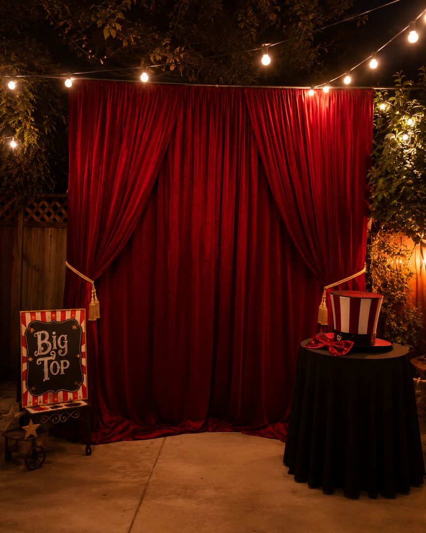 A dimly lit outdoor scene with a red velvet curtain backdrop, string lights above, a Big Top circus sign on the left, and a small table with a striped popcorn box and tickets on the right.